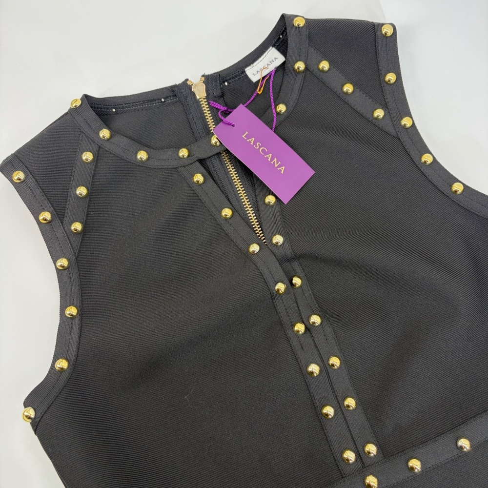 Lascana Black Studded Bandage Bodycon Dress Gold Studs Keyhole Mini‎ Small NWT